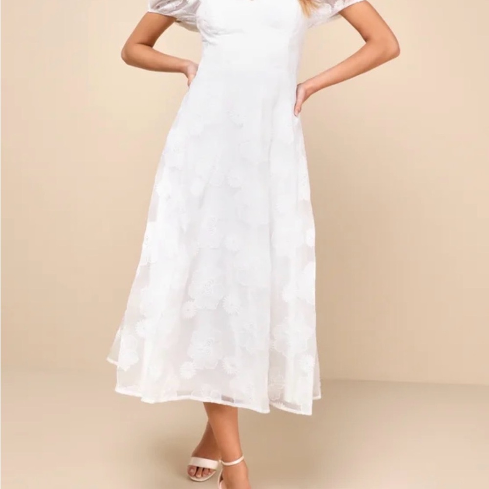 Sweetest Behavior White Embroidered Puff Sleeve Midi Dress